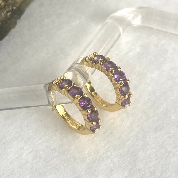 Dee Berkley Jewelry Jewelry - Gold Vermeil Sterling Silver 925 DBJ Round Amethyst Small Huggie Hoop Earrings